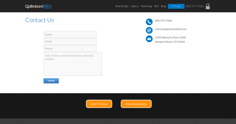 Contact page of #7 Best Dental SEO Firm: Optimized360
