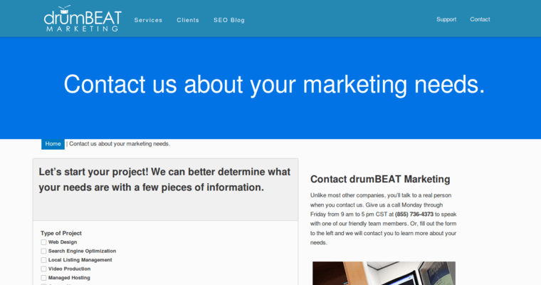 Contact page of #4 Top SEO PR Firm: drumBeat Marketing